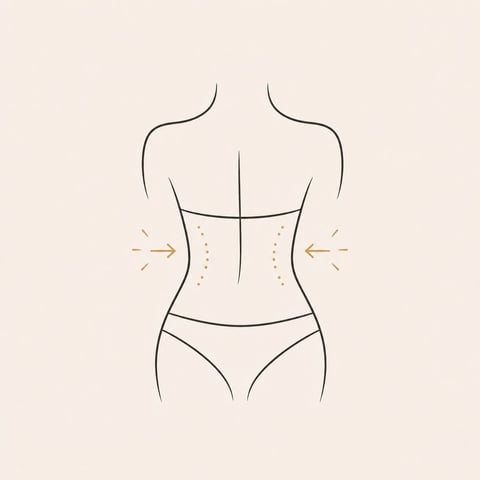 Illustration of a womans torso with dotted lines indicating liposuction areas on the sides of the waist