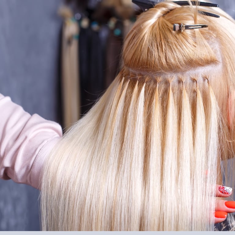 Close-up of long blonde hair with keratin bond extensions being styled by a hand with red nail polish