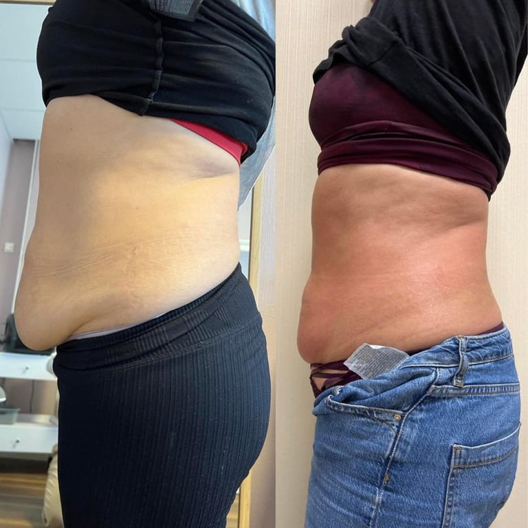 Before and after body comparison showing abdominal area results from weight loss or fitness transformation