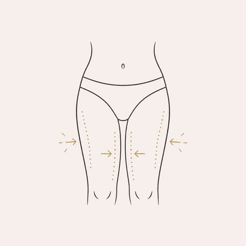 Diagram showing body contouring treatment areas on thighs with directional arrows indicating inward movement