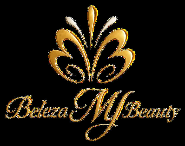 Beleza My Beauty logo featuring a gold crown with decorative petals and elegant script text on black background
