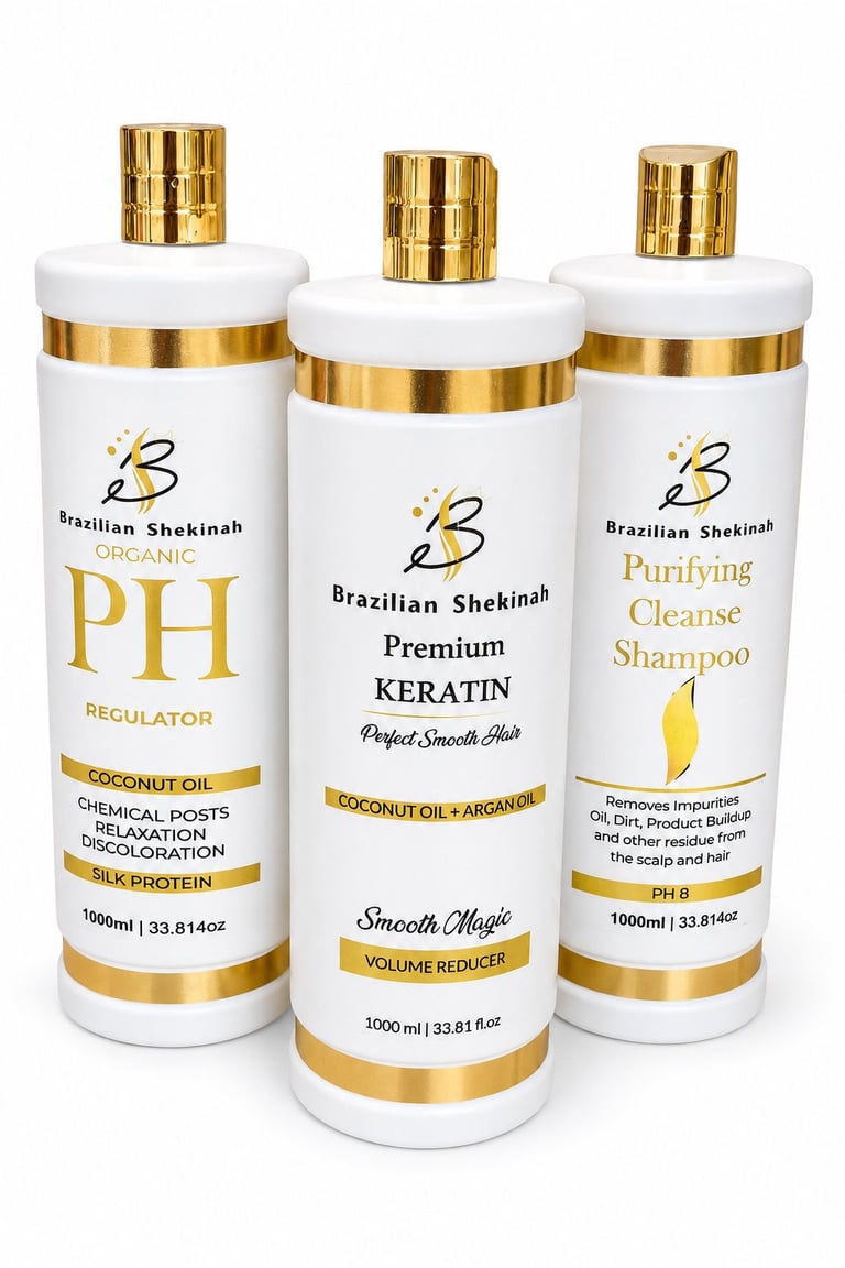 Three Brazilian Shekinah hair care bottles with gold caps and white packaging containing PH Regulator, Premium Keratin, and Purifying Cleanse Shampoo.