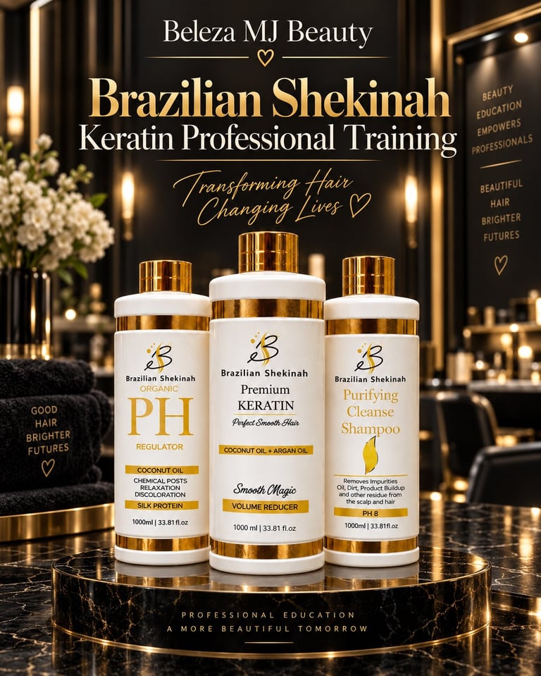 Three Beleza MJ Beauty Brazilian Shekinah keratin hair care products displayed on a black platform with golden salon lighting