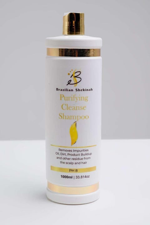 Brazilian Shekinah Purifying Cleanse Shampoo bottle with gold accents, 1000ml, for removing impurities and product buildup from scalp and hair