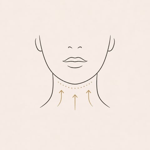 Line drawing of womans face and neck with upward arrows showing skin lifting or tightening treatment