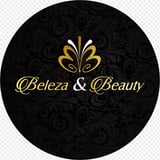 Beleza MJ Beauty logo med gull tekst og krone på sort sirkulær damask bakgrunn