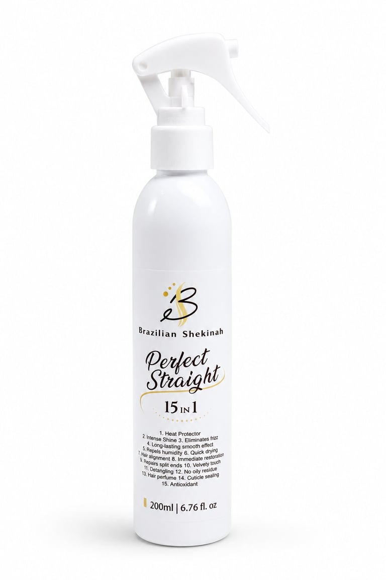 White spray bottle of Brazilian Shekinah Perfect Straight 15 in 1 hair treatment, 200ml size