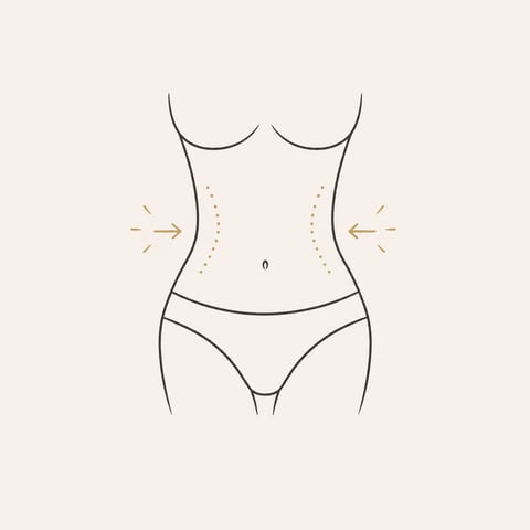 Medical diagram of female body with arrows indicating liposuction or body contouring areas on abdomen and sides