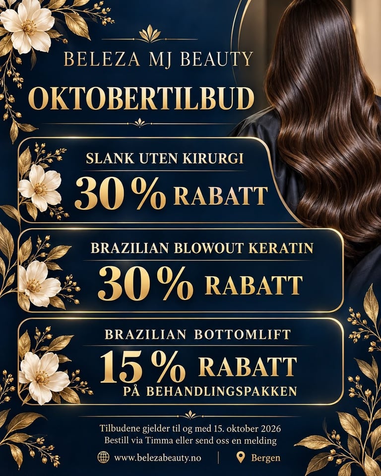 Oktoberkampanje hos Beleza MJ Beauty i Bergen med rabatt på keratin- og kroppsbehandlinger
