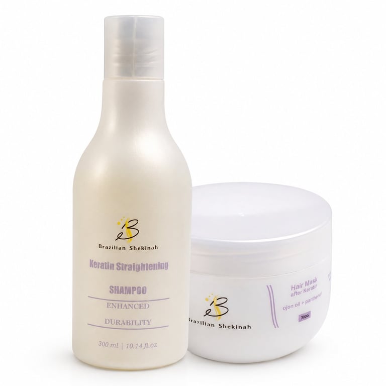 Keratin Shiekuah hair care product set featuring a strengthening shampoo bottle and mask jar on white background