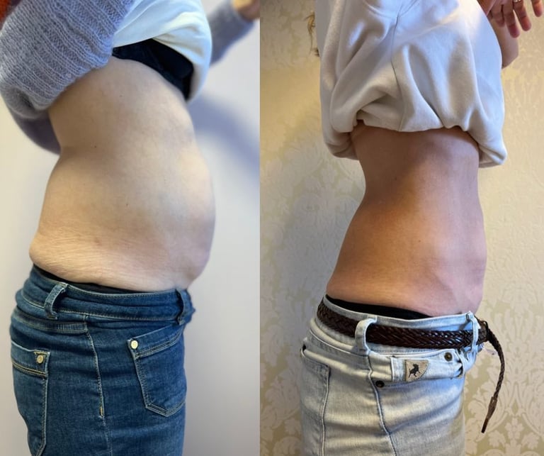 Before and after comparison of weight loss showing persons midsection in jeans, demonstrating fitness transformation