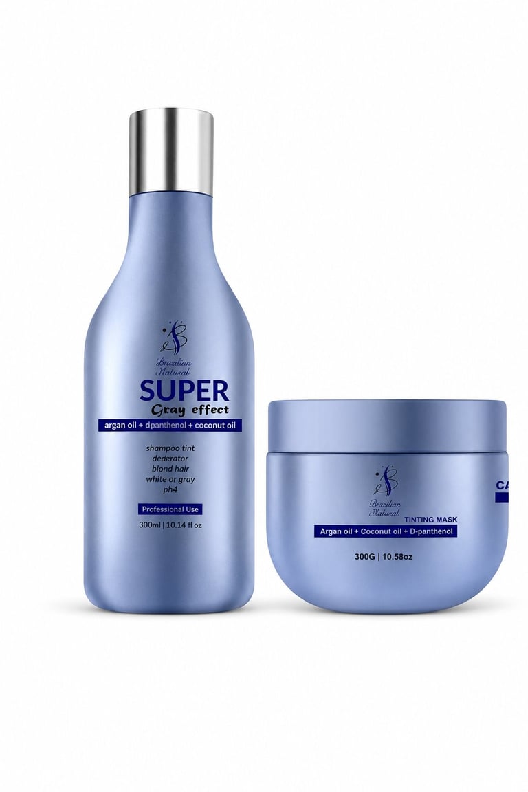 A blue hair care set featuring a Super Gray Effect shampoo bottle and tinting mask jar with silver caps