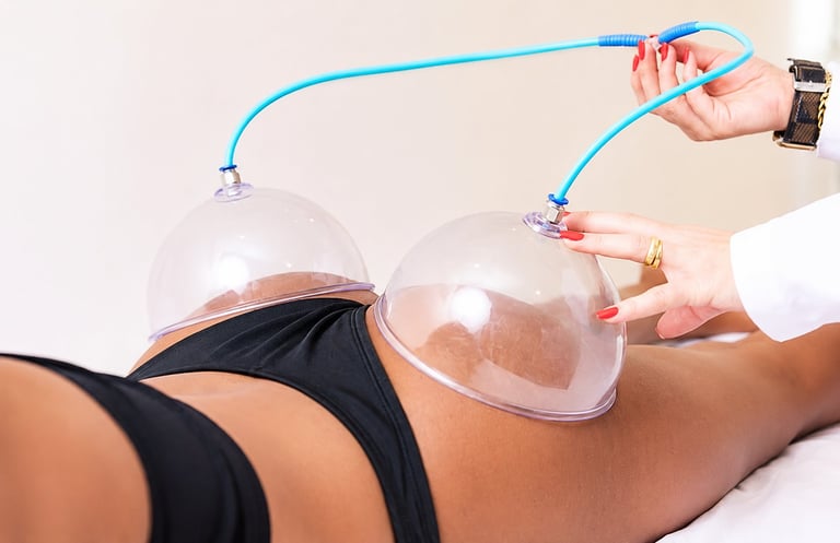 Person receiving cupping therapy treatment on shoulder with transparent plastic cups connected by blue tubing