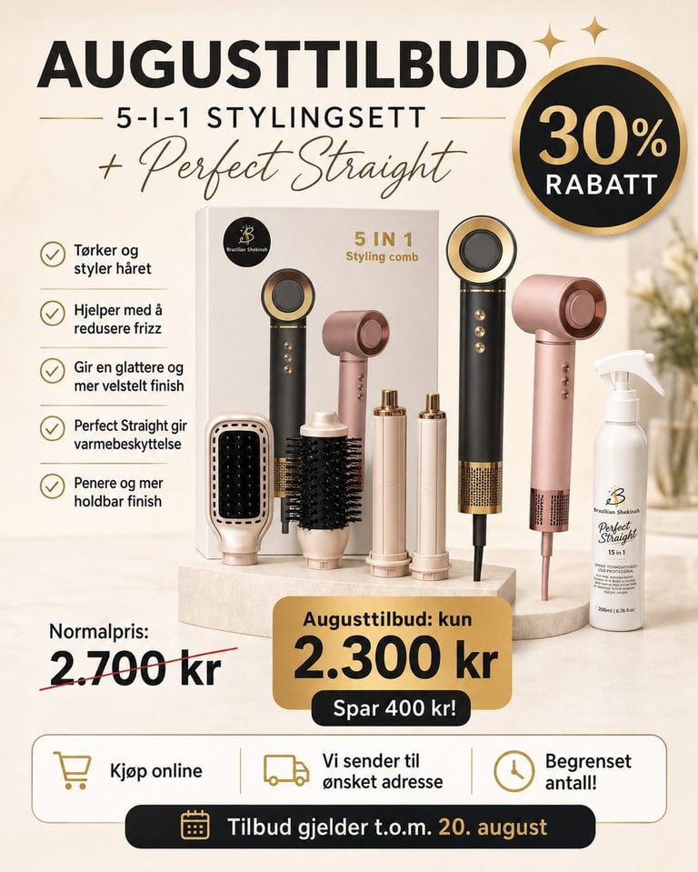 August sale promotion for 5-in-1 hair styling set with 30% discount, showing black and pink styling tools with product details and pricing information.