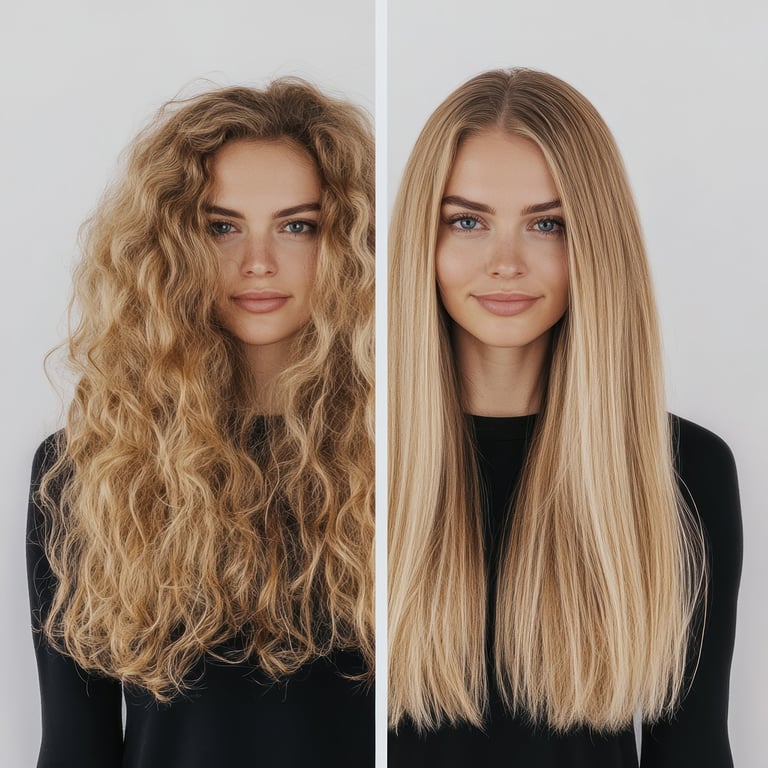 Before and after hair styling: curly wavy hair on left, straight smooth hair on right, same person with blonde hair