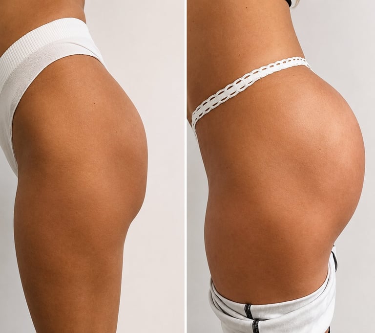 Before and after comparison showing body contouring results from side angles, demonstrating enhanced curves and skin appearance