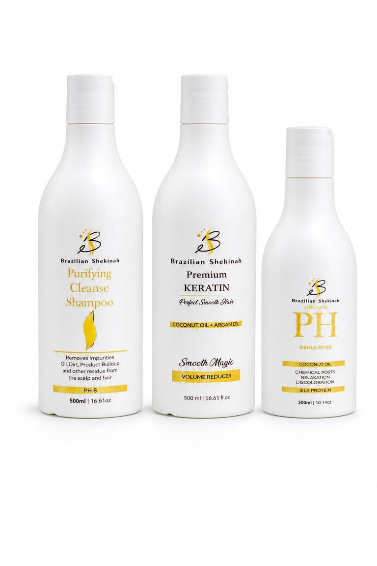 Three white hair care bottles from Brazilian Shokkinah: Purifying Cleanse Shampoo, Premium Keratin, and PH treatment products