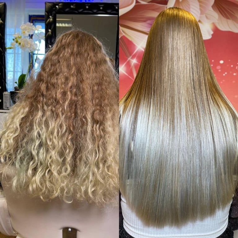 Before and after hair transformation showing curly blonde hair on left and straight silvery-blonde hair on right