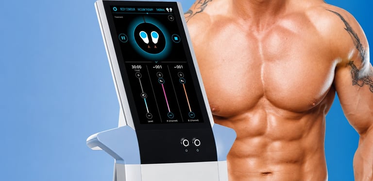Shirtless muscular man with a smartphone displaying fitness app interface against blue background