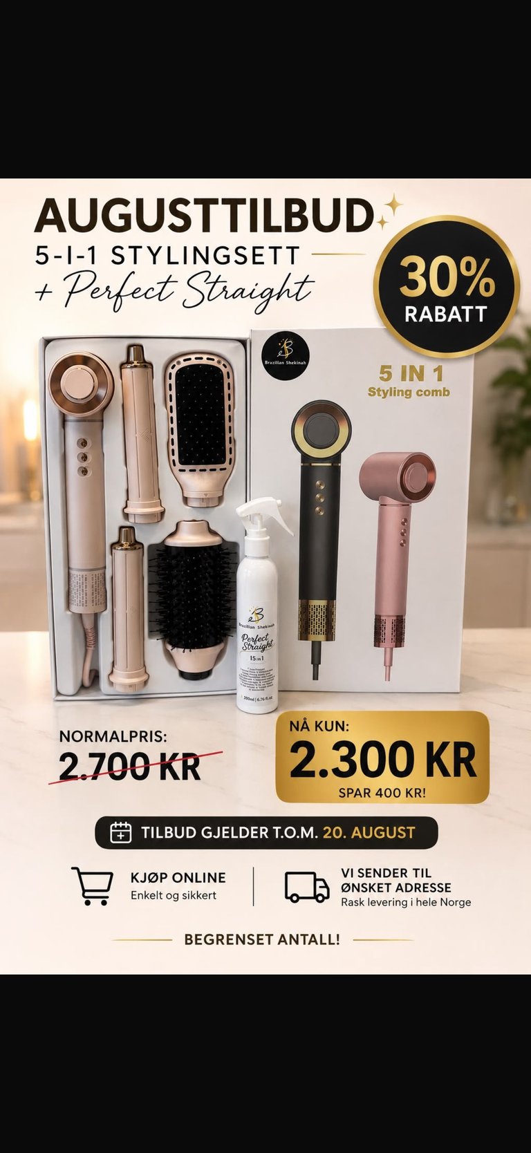 August hair styling set with 5 tools including curler and straightener brush, 30% off promotional offer, priced at 2300 KR