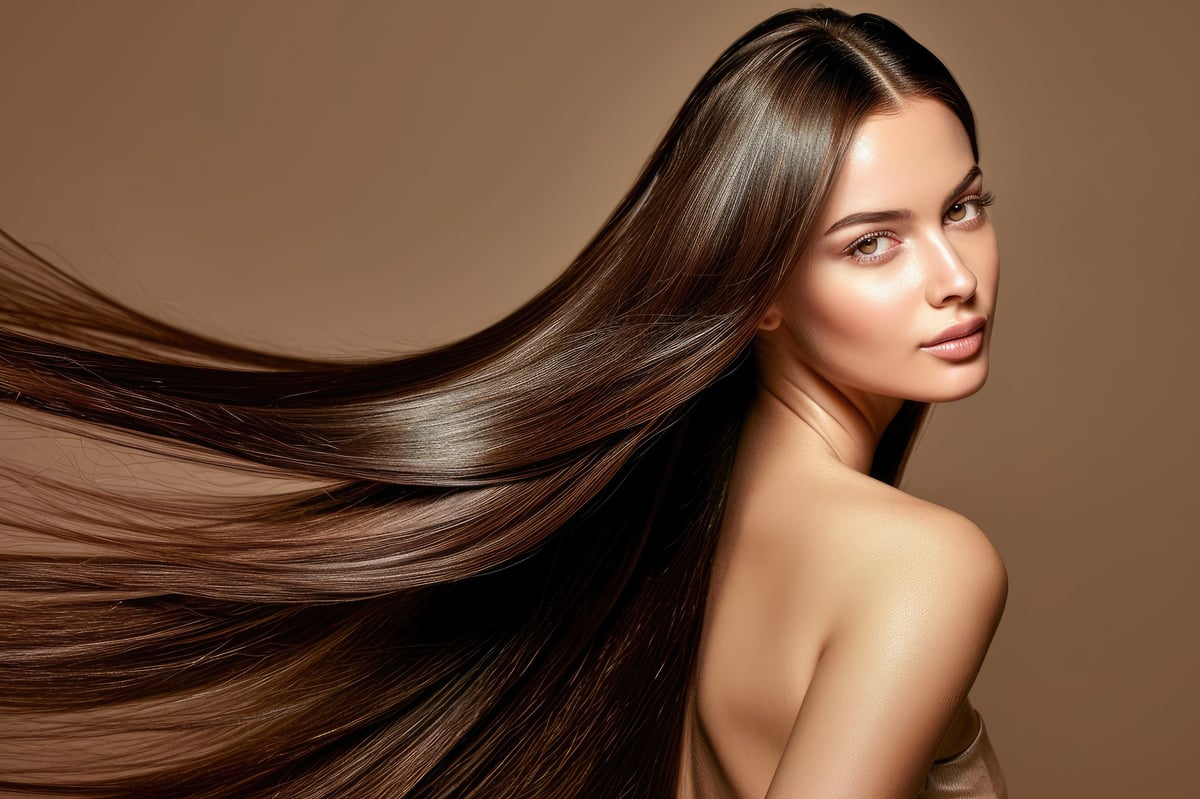 Woman with long, shiny brown hair flowing against a neutral beige background