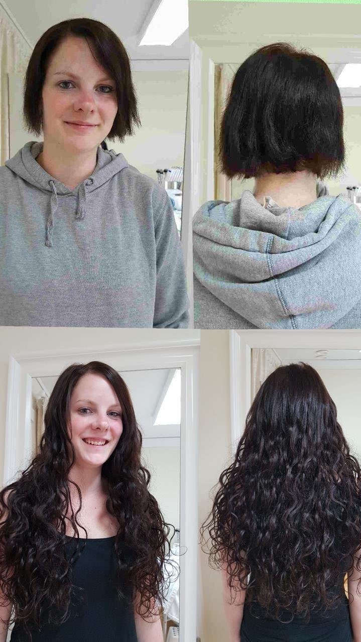 Before and after hair transformation showing short dark bob cut and long wavy dark hair with front and back views