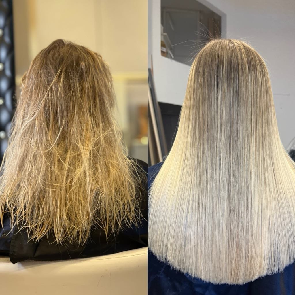 Before and after comparison of hair transformation showing damaged, frizzy blonde hair on left and sleek, smooth blonde hair on right