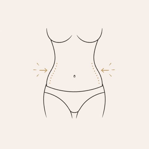 Diagram of female torso showing liposuction areas marked with arrows on the sides and dotted lines along the waist and abdomen.